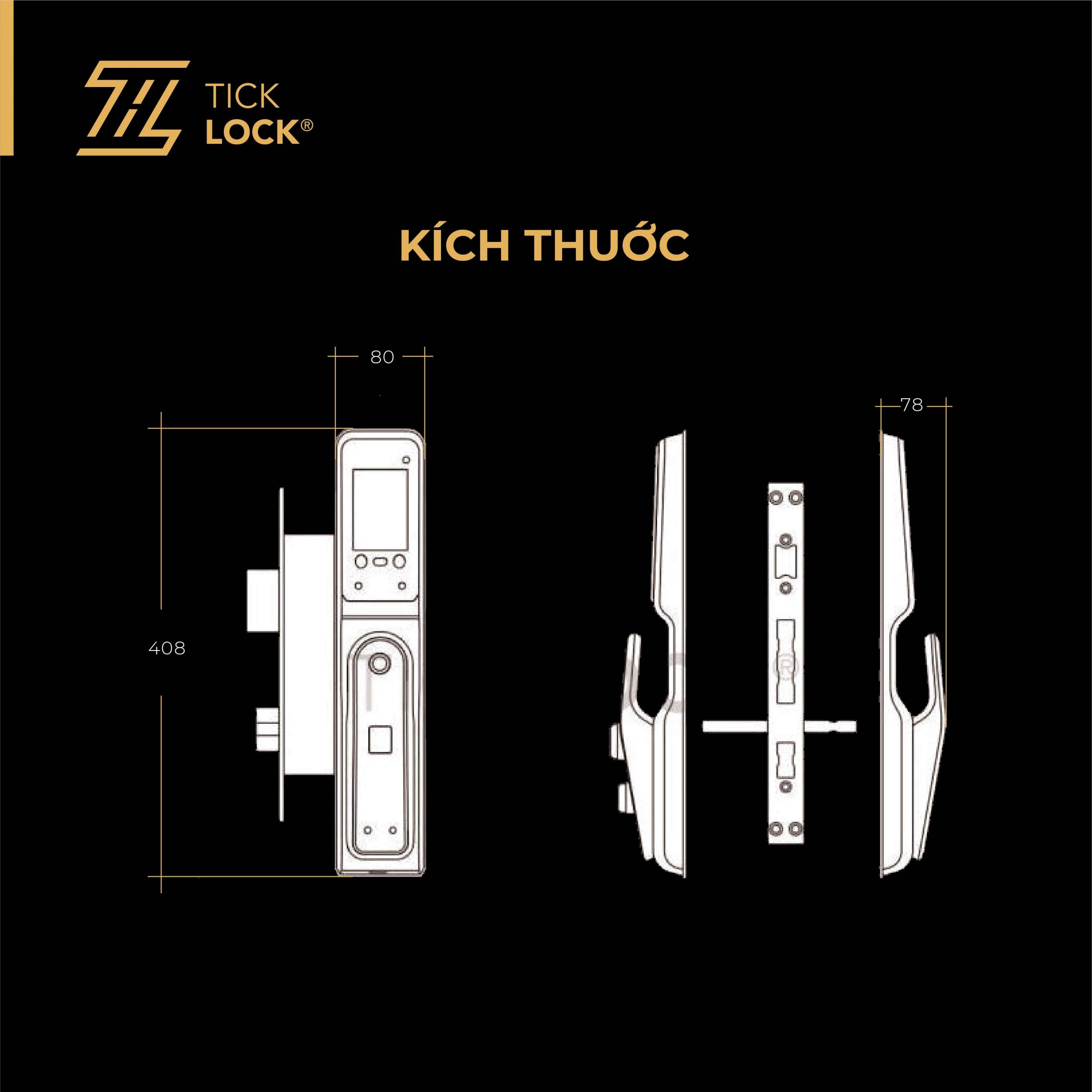 Bảng thông tin kích thước khóa TICKLOCK A680